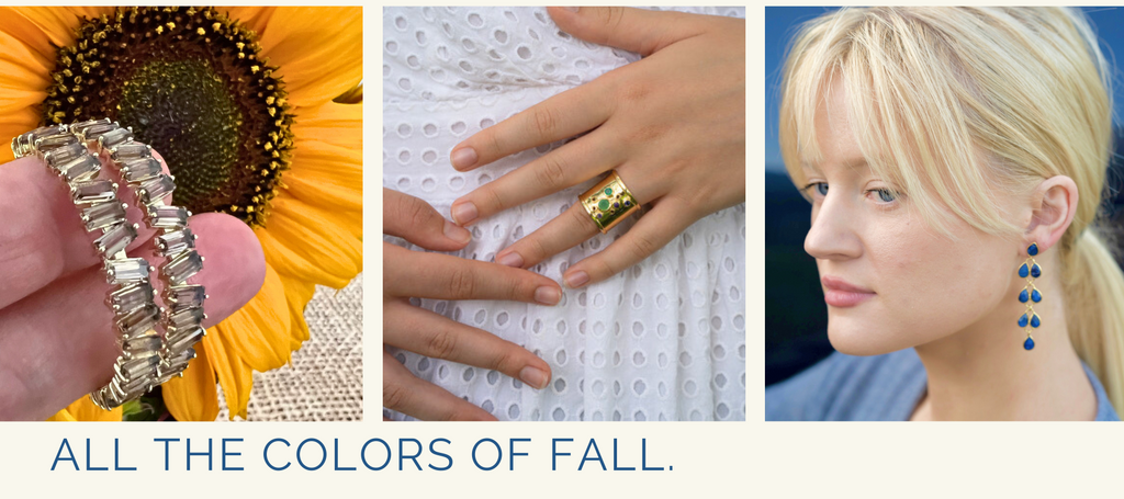 Sissy Yates Designs All the colors of Fall Banner featuring gemstone earrings and rings.