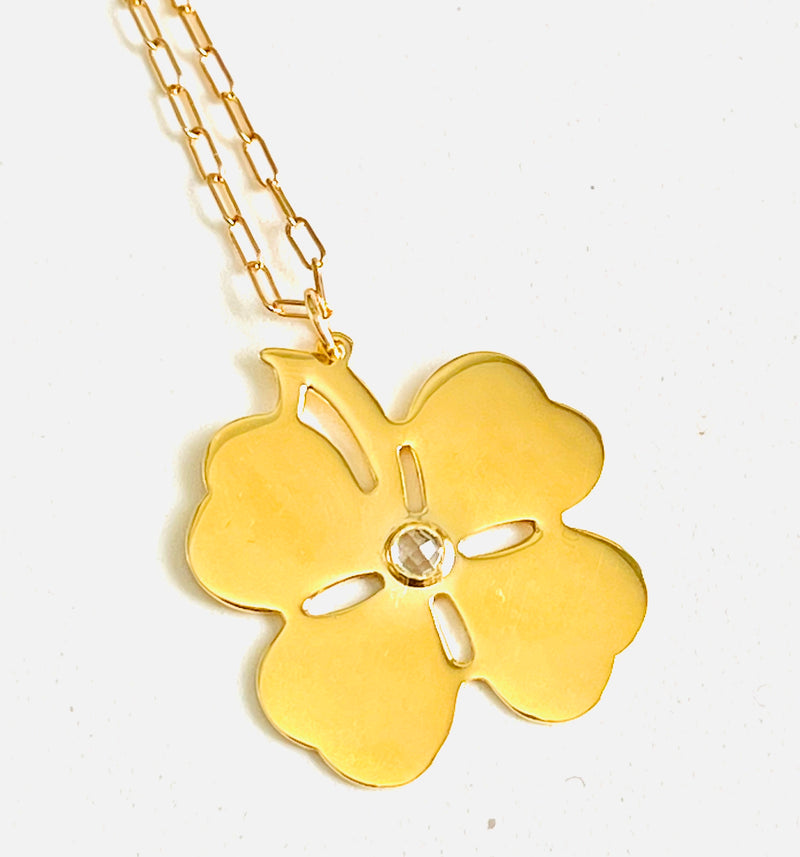 Large Birthstone Clover Pendant Necklace - 12 Gemstone Options