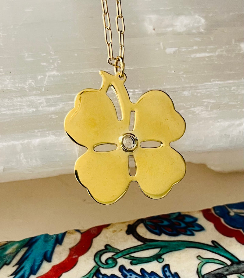 Large Birthstone Clover Pendant Necklace - 12 Gemstone Options