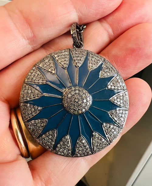 Large Blue Enamel Diamond Pendant