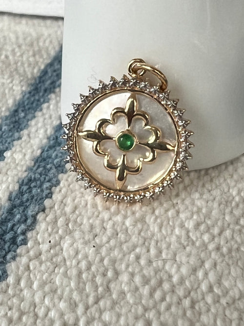 14k Gold & Diamond and Emerald Mother-of-Pearl Pendant Charms