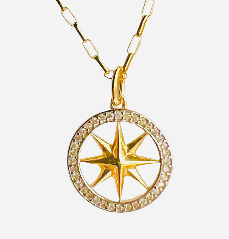Gold and Diamond Compass Pendant Necklace