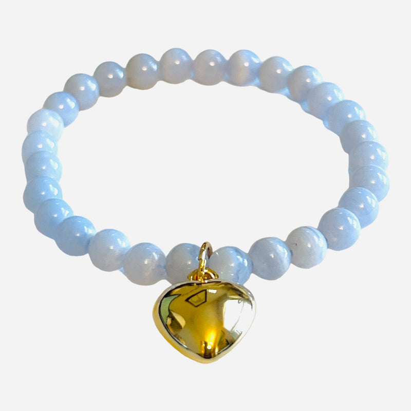 Full Heart Blue Lace Agate and Gold Heart Charm Bracelet