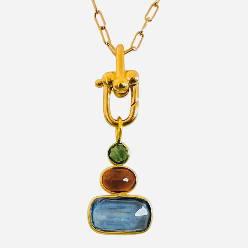 Triple Talisman Blue Topaz Charm Pendant Necklace