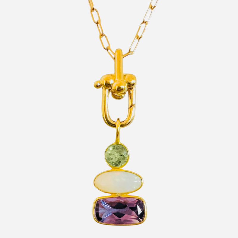 Triple Talisman Amethyst Charm Pendant Necklace