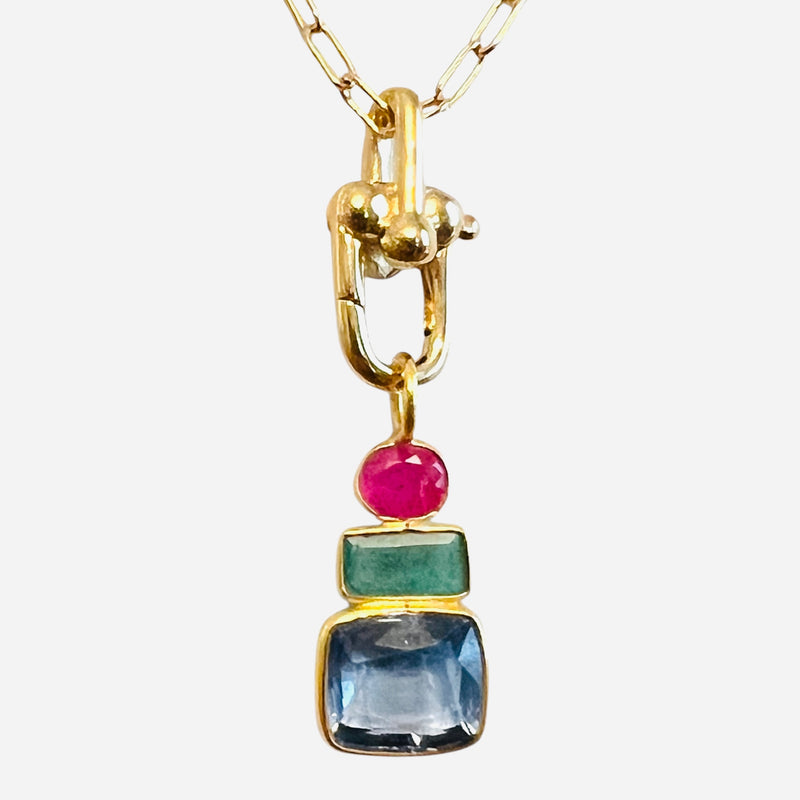 Triple Talisman Ruby/Green/Blue Pendant Necklace